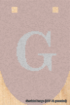 A simulated image of the stitched needlepoint design: Banner 18m Rounded G White on Pink. Not A.I. generated.