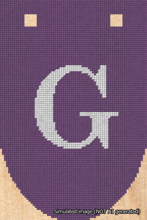 A simulated image of the stitched needlepoint design: Banner 18m Rounded G White on Purple. Not A.I. generated.