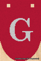 A simulated image of the stitched needlepoint design: Banner 18m Rounded G White on Red. Not A.I. generated.