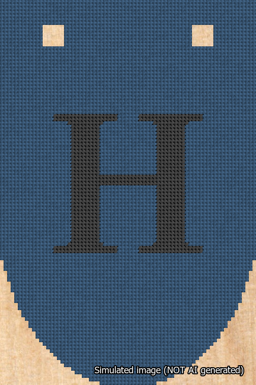 A simulated image of the stitched needlepoint design: Banner 18m Rounded H Black on Blue. Not A.I. generated.