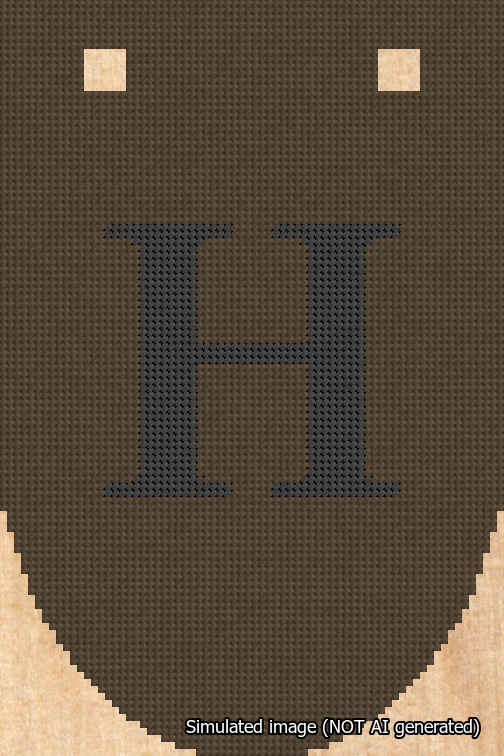 A simulated image of the stitched needlepoint design: Banner 18m Rounded H Black on Brown. Not A.I. generated.