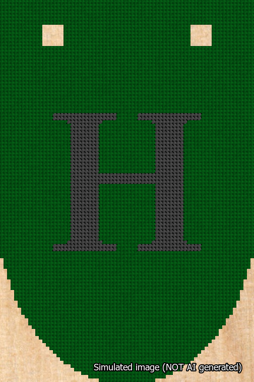 A simulated image of the stitched needlepoint design: Banner 18m Rounded H Black on Green. Not A.I. generated.