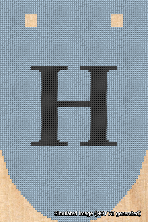 A simulated image of the stitched needlepoint design: Banner 18m Rounded H Black on Light Blue. Not A.I. generated.