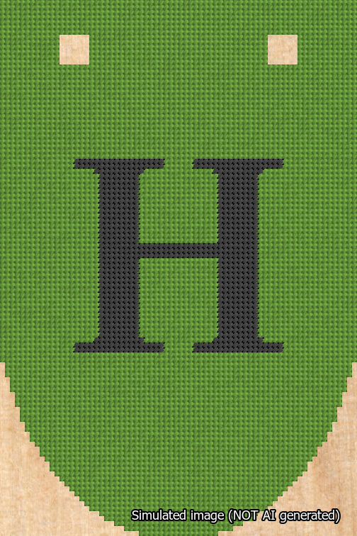 A simulated image of the stitched needlepoint design: Banner 18m Rounded H Black on Light Green. Not A.I. generated.
