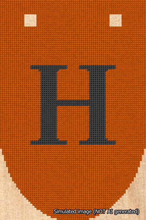 A simulated image of the stitched needlepoint design: Banner 18m Rounded H Black on Orange. Not A.I. generated.