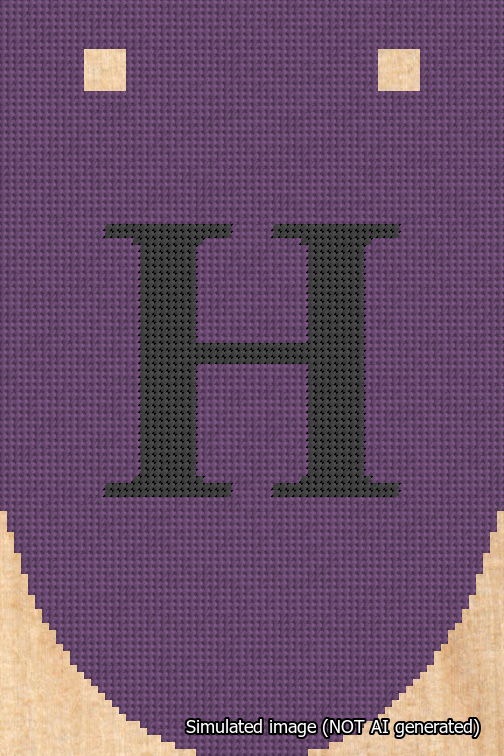 A simulated image of the stitched needlepoint design: Banner 18m Rounded H Black on Purple. Not A.I. generated.