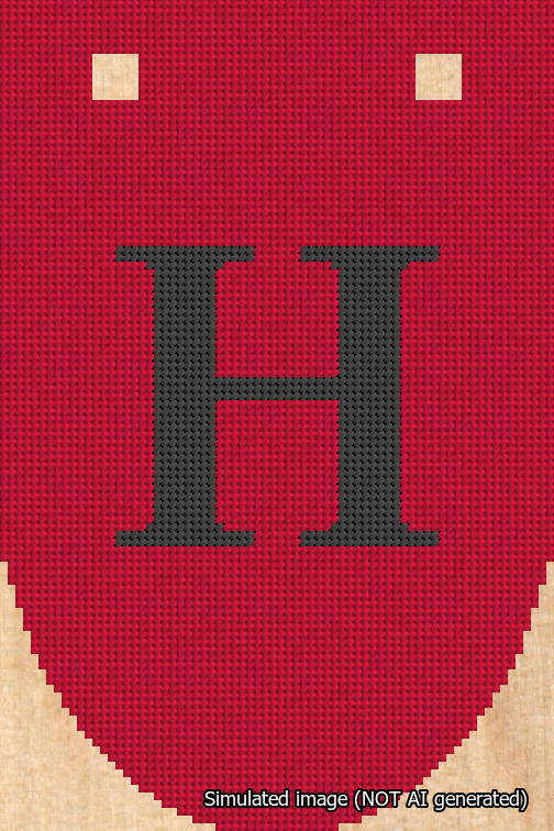 A simulated image of the stitched needlepoint design: Banner 18m Rounded H Black on Red. Not A.I. generated.