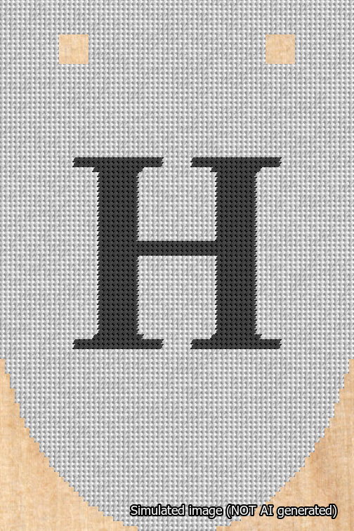 A simulated image of the stitched needlepoint design: Banner 18m Rounded H Black on White. Not A.I. generated.