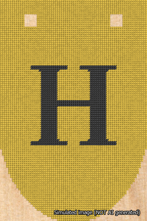 A simulated image of the stitched needlepoint design: Banner 18m Rounded H Black on Yellow. Not A.I. generated.