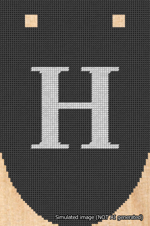 A simulated image of the stitched needlepoint design: Banner 18m Rounded H White on Black. Not A.I. generated.