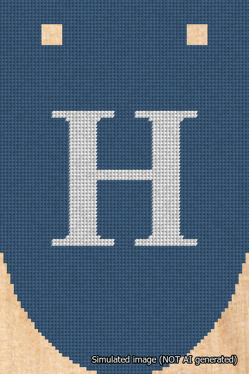 A simulated image of the stitched needlepoint design: Banner 18m Rounded H White on Blue. Not A.I. generated.