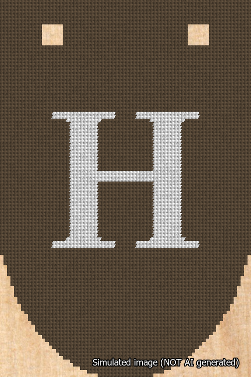 A simulated image of the stitched needlepoint design: Banner 18m Rounded H White on Brown. Not A.I. generated.