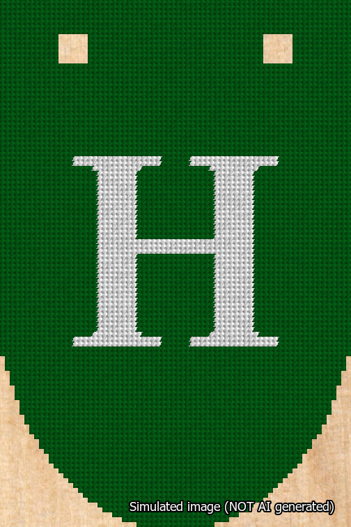 A simulated image of the stitched needlepoint design: Banner 18m Rounded H White on Green. Not A.I. generated.