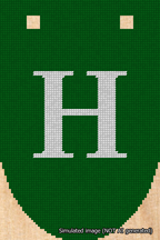 A simulated image of the stitched needlepoint design: Banner 18m Rounded H White on Green. Not A.I. generated.
