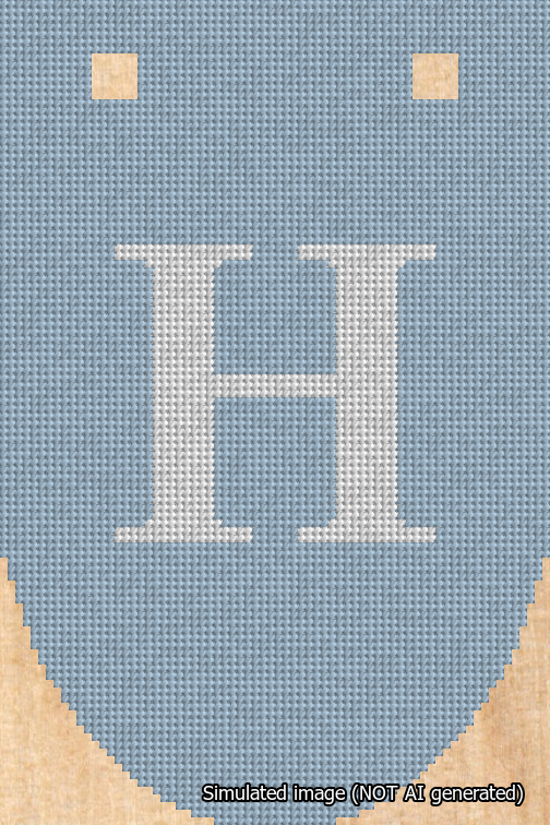 A simulated image of the stitched needlepoint design: Banner 18m Rounded H White on Light Blue. Not A.I. generated.