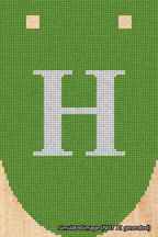 A simulated image of the stitched needlepoint design: Banner 18m Rounded H White on Light Green. Not A.I. generated.