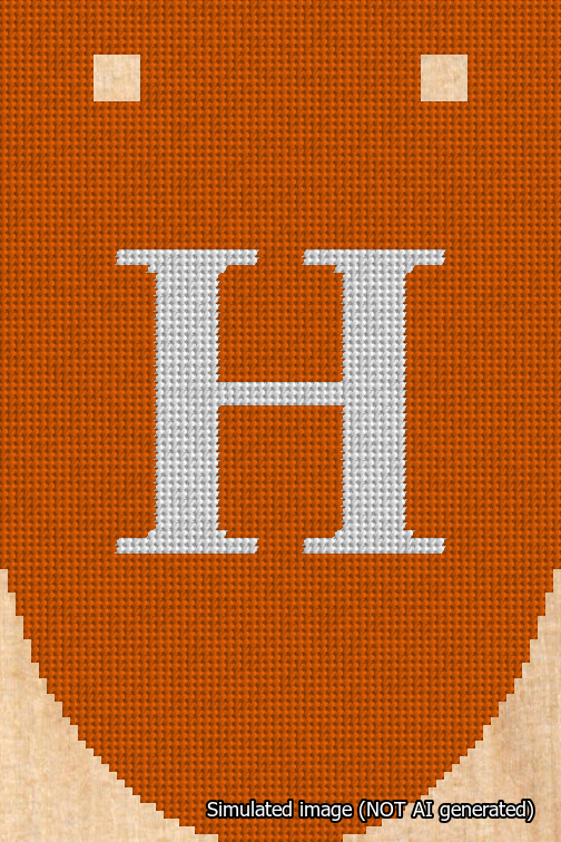 A simulated image of the stitched needlepoint design: Banner 18m Rounded H White on Orange. Not A.I. generated.