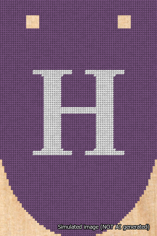 A simulated image of the stitched needlepoint design: Banner 18m Rounded H White on Purple. Not A.I. generated.