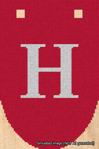 A simulated image of the stitched needlepoint design: Banner 18m Rounded H White on Red. Not A.I. generated.