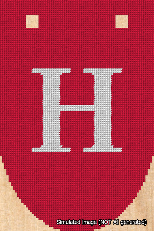 A simulated image of the stitched needlepoint design: Banner 18m Rounded H White on Red. Not A.I. generated.