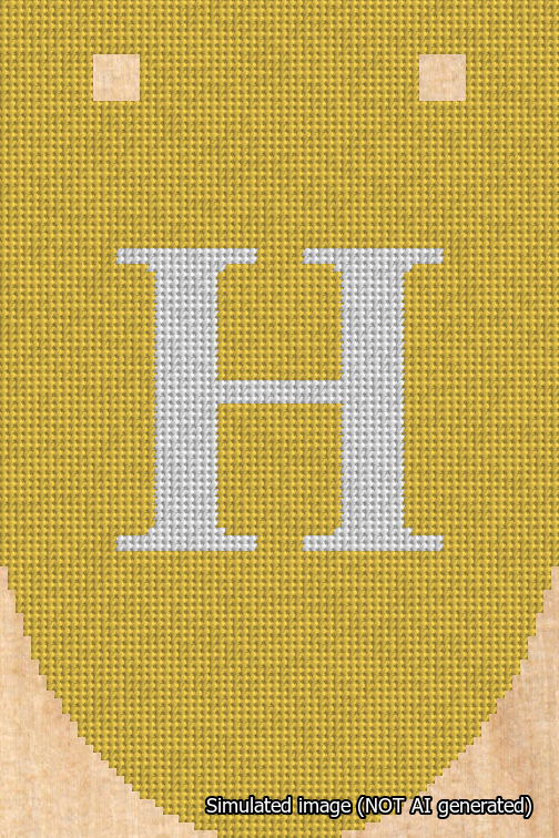A simulated image of the stitched needlepoint design: Banner 18m Rounded H White on Yellow. Not A.I. generated.