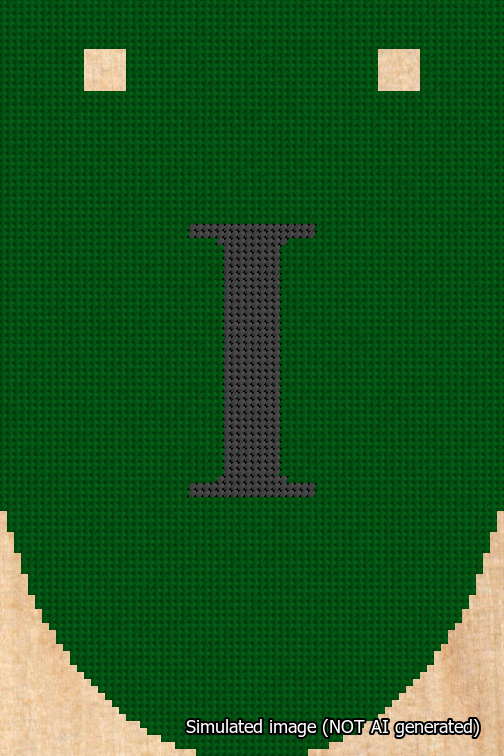 A simulated image of the stitched needlepoint design: Banner 18m Rounded I Black on Green. Not A.I. generated.