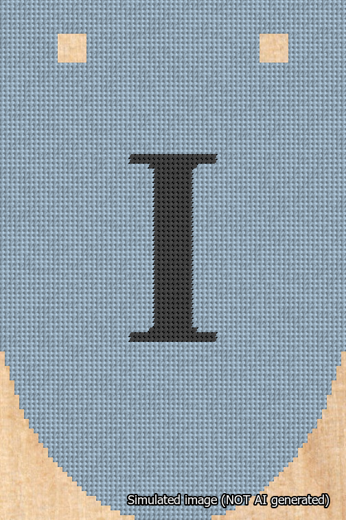 A simulated image of the stitched needlepoint design: Banner 18m Rounded I Black on Light Blue. Not A.I. generated.