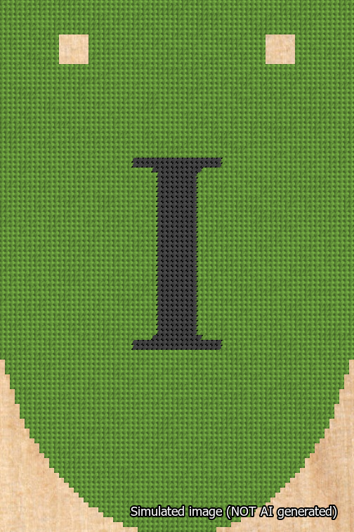 A simulated image of the stitched needlepoint design: Banner 18m Rounded I Black on Light Green. Not A.I. generated.