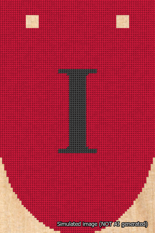 A simulated image of the stitched needlepoint design: Banner 18m Rounded I Black on Red. Not A.I. generated.