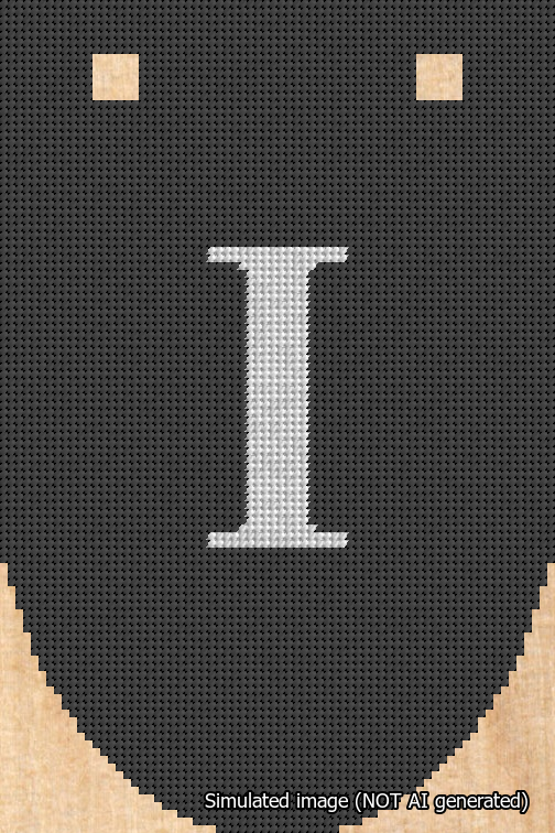A simulated image of the stitched needlepoint design: Banner 18m Rounded I White on Black. Not A.I. generated.