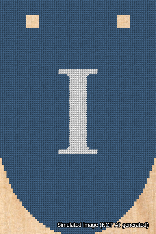 A simulated image of the stitched needlepoint design: Banner 18m Rounded I White on Blue. Not A.I. generated.