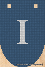 A simulated image of the stitched needlepoint design: Banner 18m Rounded I White on Blue. Not A.I. generated.