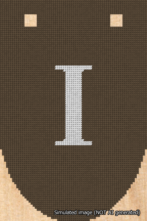 A simulated image of the stitched needlepoint design: Banner 18m Rounded I White on Brown. Not A.I. generated.