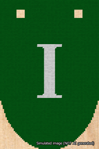 A simulated image of the stitched needlepoint design: Banner 18m Rounded I White on Green. Not A.I. generated.