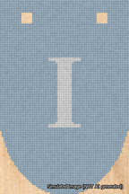 A simulated image of the stitched needlepoint design: Banner 18m Rounded I White on Light Blue. Not A.I. generated.