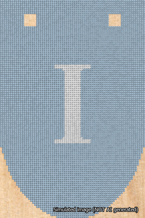 A simulated image of the stitched needlepoint design: Banner 18m Rounded I White on Light Blue. Not A.I. generated.