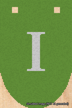 A simulated image of the stitched needlepoint design: Banner 18m Rounded I White on Light Green. Not A.I. generated.