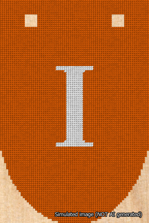 A simulated image of the stitched needlepoint design: Banner 18m Rounded I White on Orange. Not A.I. generated.