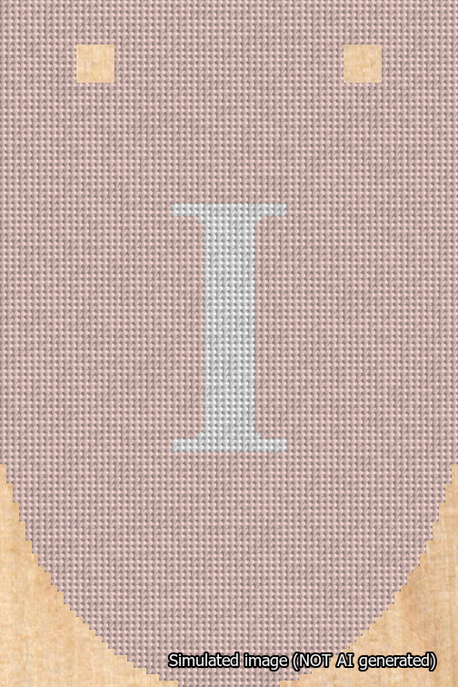 A simulated image of the stitched needlepoint design: Banner 18m Rounded I White on Pink. Not A.I. generated.