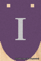 A simulated image of the stitched needlepoint design: Banner 18m Rounded I White on Purple. Not A.I. generated.