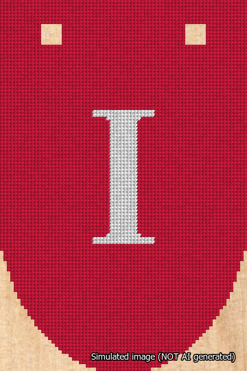 A simulated image of the stitched needlepoint design: Banner 18m Rounded I White on Red. Not A.I. generated.