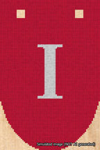 A simulated image of the stitched needlepoint design: Banner 18m Rounded I White on Red. Not A.I. generated.