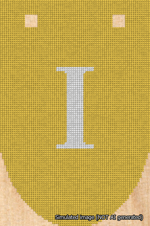 A simulated image of the stitched needlepoint design: Banner 18m Rounded I White on Yellow. Not A.I. generated.