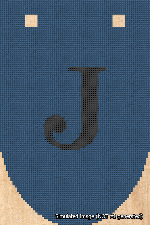 A simulated image of the stitched needlepoint design: Banner 18m Rounded J Black on Blue. Not A.I. generated.