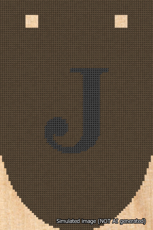 A simulated image of the stitched needlepoint design: Banner 18m Rounded J Black on Brown. Not A.I. generated.