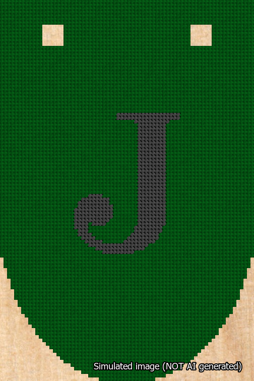 A simulated image of the stitched needlepoint design: Banner 18m Rounded J Black on Green. Not A.I. generated.