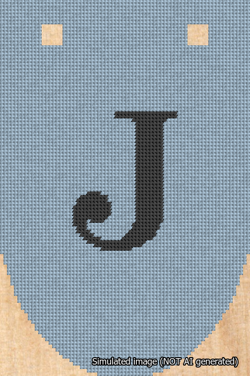 A simulated image of the stitched needlepoint design: Banner 18m Rounded J Black on Light Blue. Not A.I. generated.