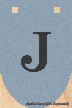 A simulated image of the stitched needlepoint design: Banner 18m Rounded J Black on Light Blue. Not A.I. generated.