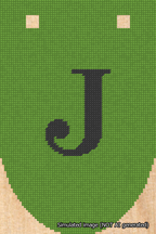 A simulated image of the stitched needlepoint design: Banner 18m Rounded J Black on Light Green. Not A.I. generated.