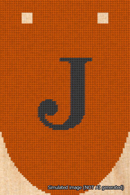 A simulated image of the stitched needlepoint design: Banner 18m Rounded J Black on Orange. Not A.I. generated.